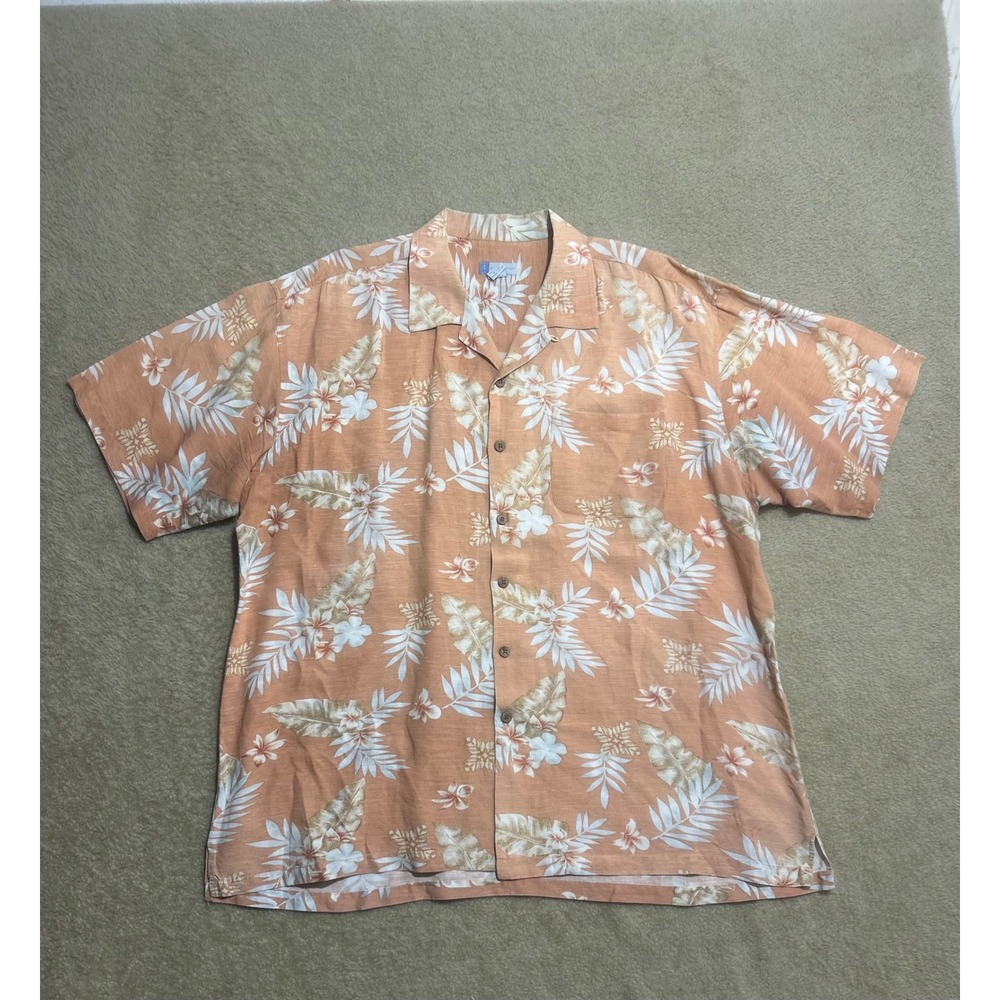 Half Moon Bay Big & Tall Hawaiian Tropical‎ Floral Linen Rayon Shirt 2XLT Peach
